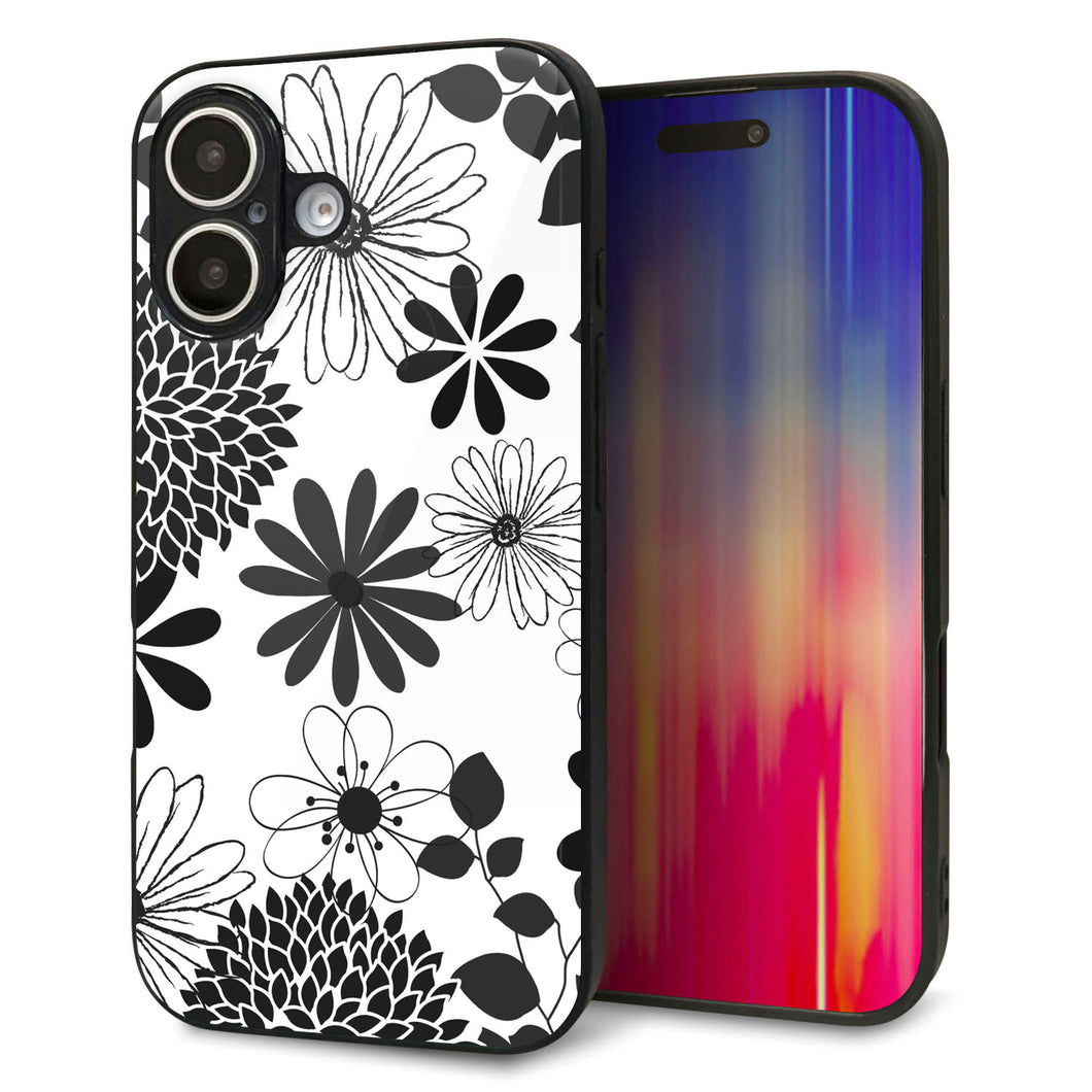 iPhone16 強化ガラス&TPUスマホケース ガラプリ【SC912 花柄モノトーン 01】