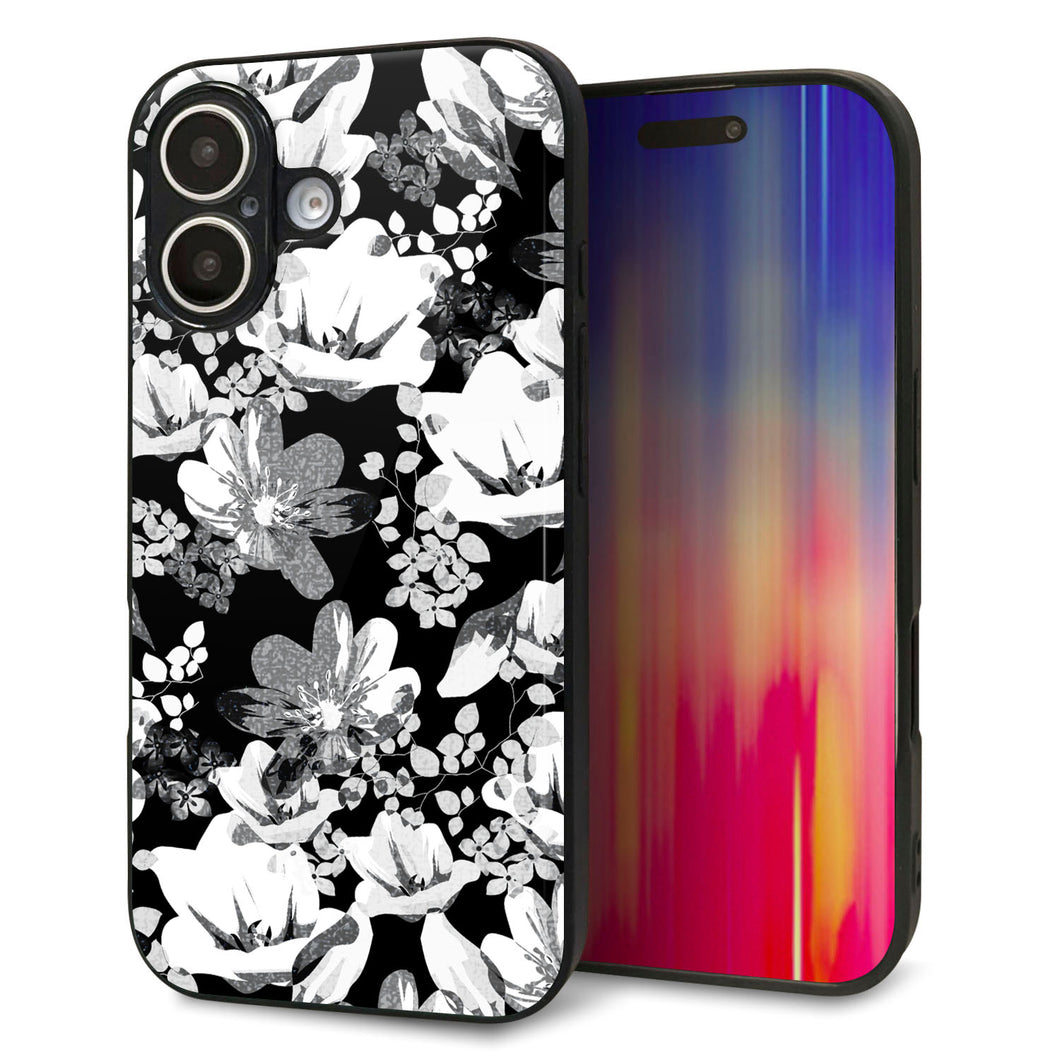iPhone16 強化ガラス&TPUスマホケース ガラプリ【SC913 花柄モノトーン 02】