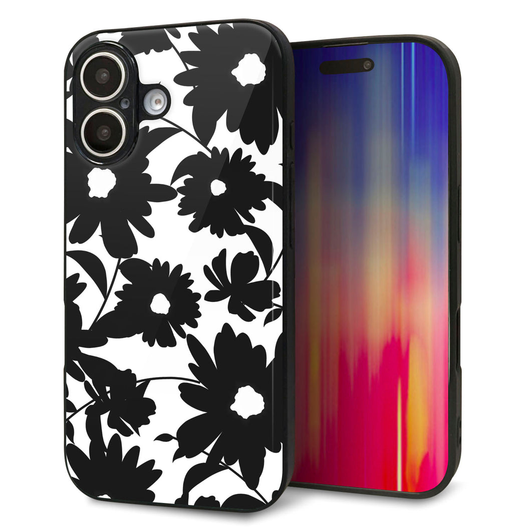 iPhone16 強化ガラス&TPUスマホケース ガラプリ【SC916 花柄モノトーン 05】