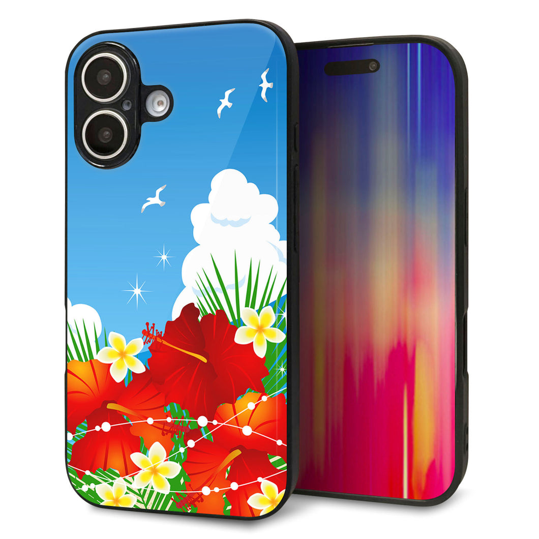 iPhone16 強化ガラス&TPUスマホケース ガラプリ【VA821 ハイビスカスと青空】