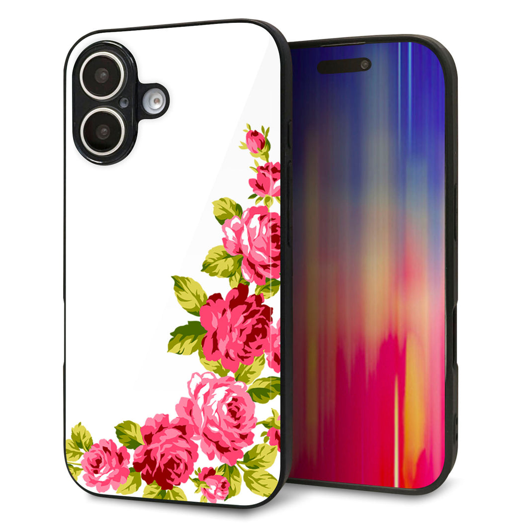 iPhone16 強化ガラス&TPUスマホケース ガラプリ【VA825 バラのフレーム(白)】
