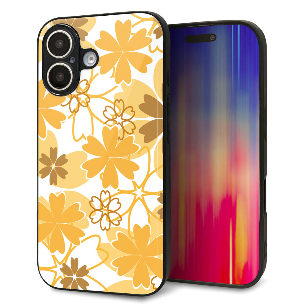 iPhone16 強化ガラス&TPUスマホケース ガラプリ【VA959 重なり合う花 オレンジ】