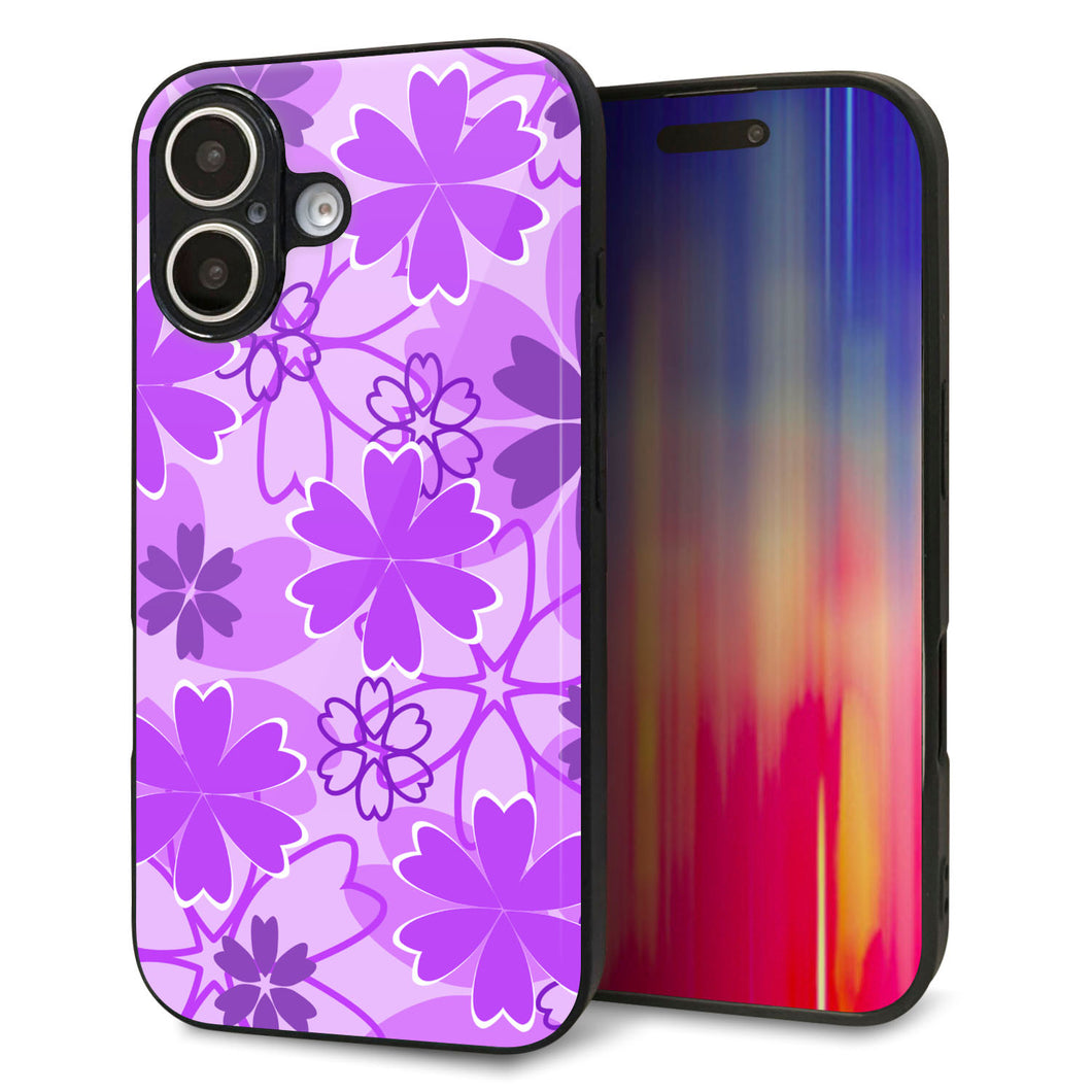 iPhone16 強化ガラス&TPUスマホケース ガラプリ【VA960 重なり合う花 パープル】