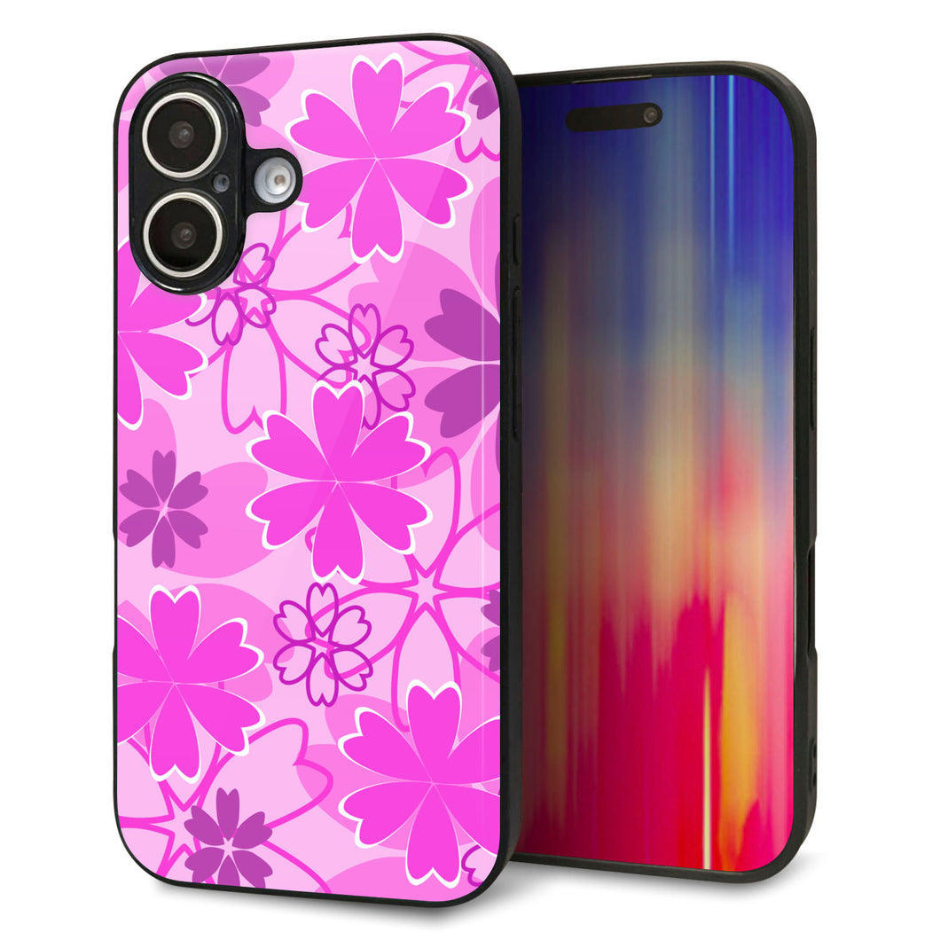 iPhone16 強化ガラス&TPUスマホケース ガラプリ【VA961 重なり合う花 ピンク】