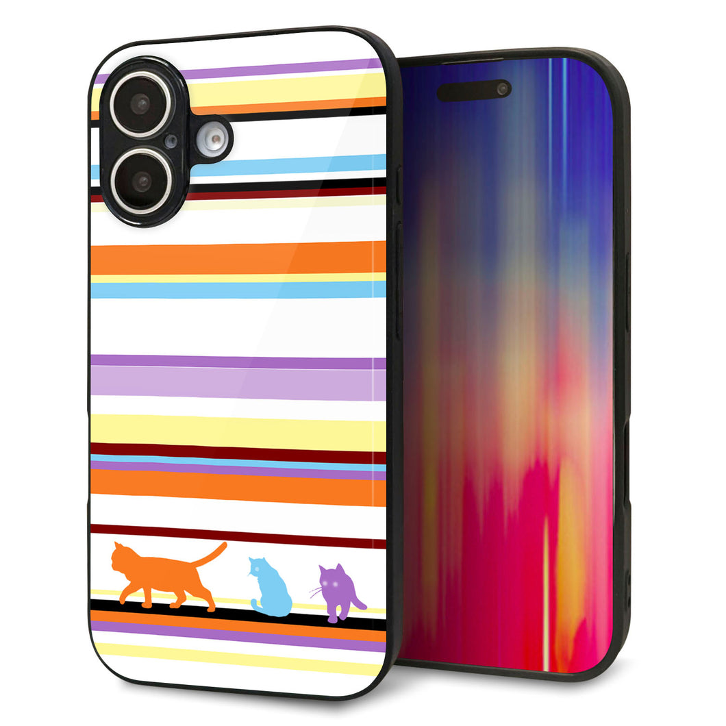 iPhone16 強化ガラス&TPUスマホケース ガラプリ【YA887 ストライプネコ01】