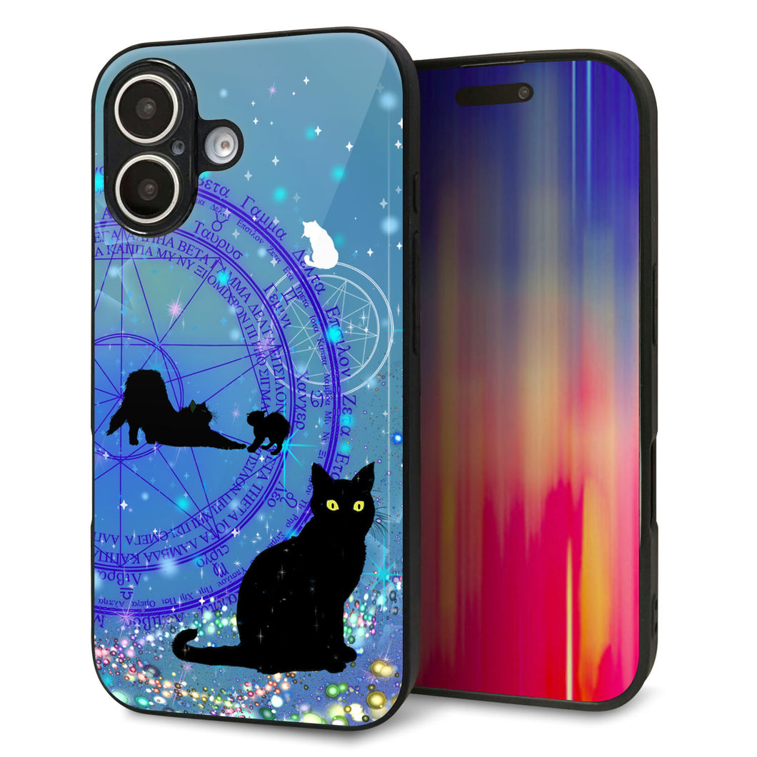 iPhone16 強化ガラス&TPUスマホケース ガラプリ【YJ327 魔法陣猫 キラキラ かわいい】