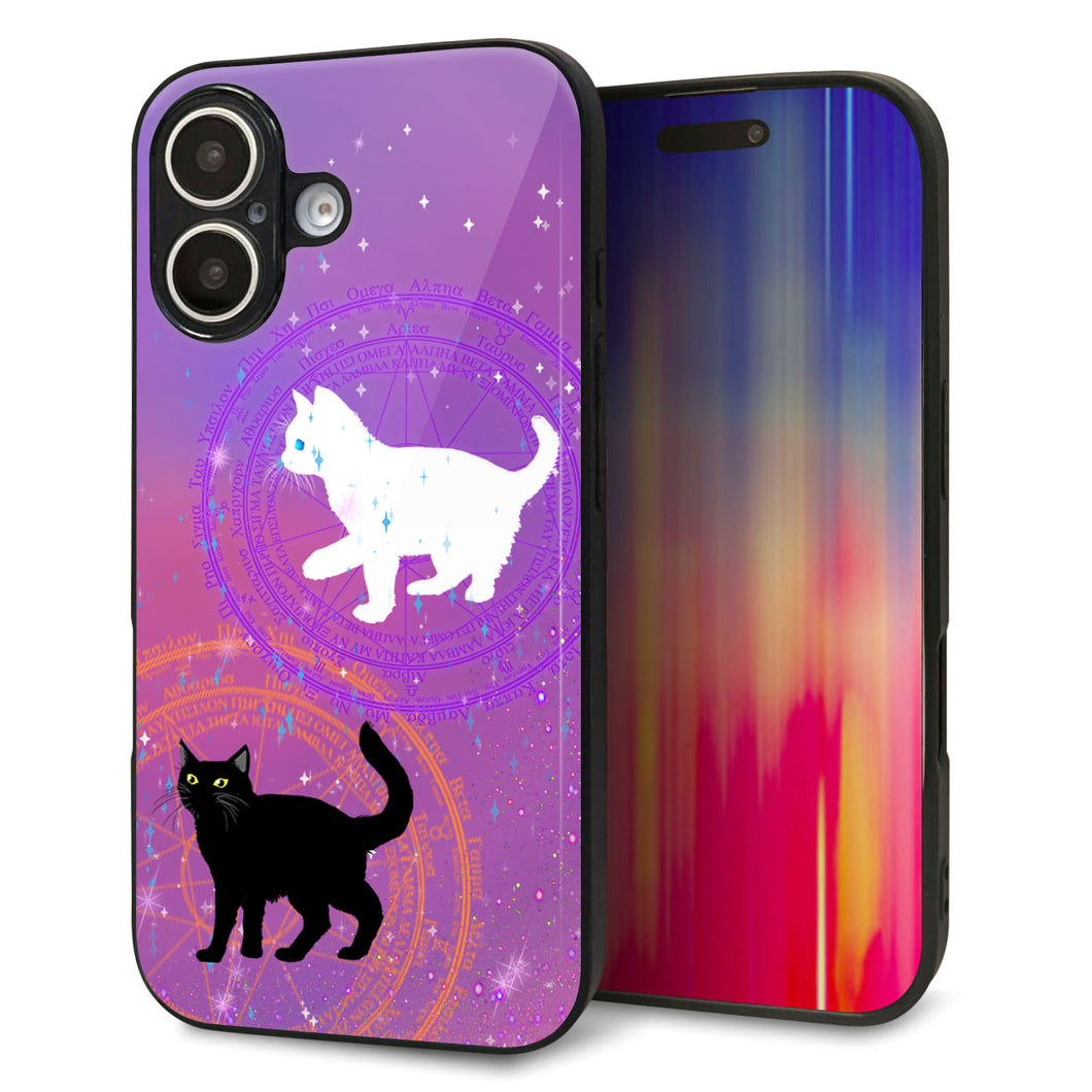 iPhone16 強化ガラス&TPUスマホケース ガラプリ【YJ328 魔法陣猫 キラキラ かわいい ピンク】