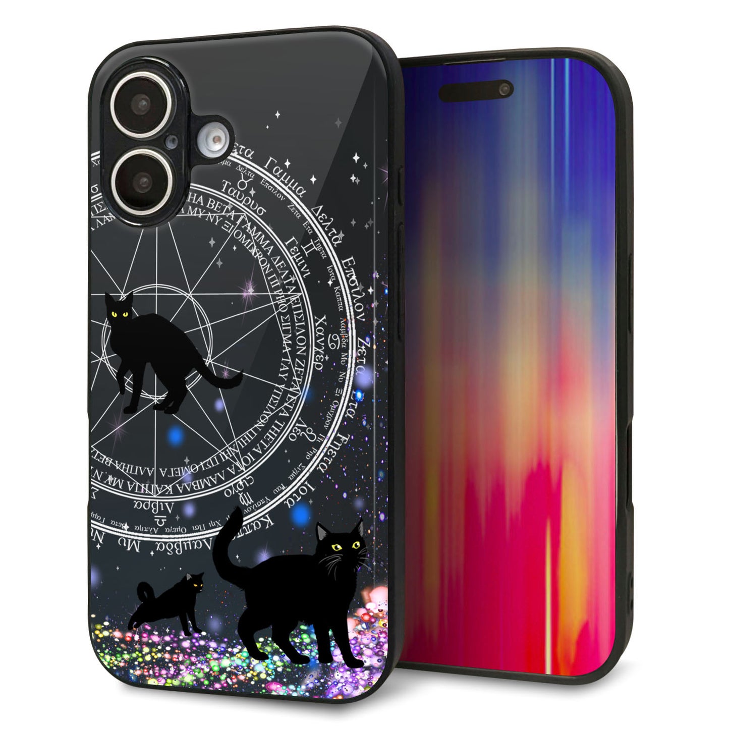 iPhone16 強化ガラス&TPUスマホケース ガラプリ【YJ330 魔法陣猫 キラキラ 黒猫】