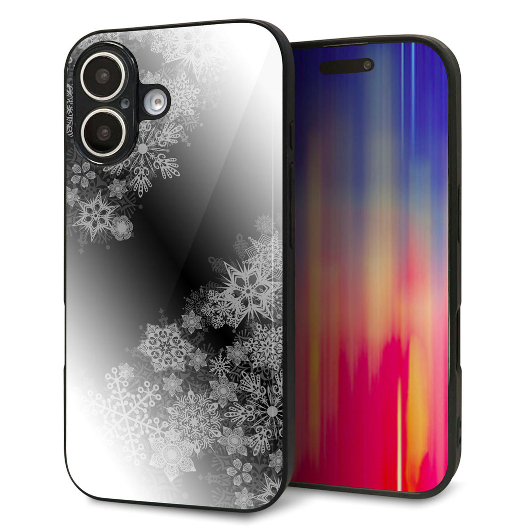 iPhone16 強化ガラス&TPUスマホケース ガラプリ【YJ340 モノトーン 雪の結晶 】