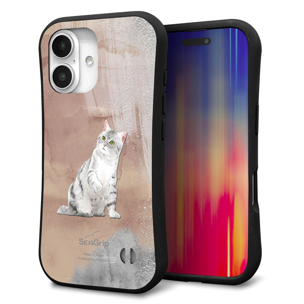 iPhone16 スマホケース 「SEA Grip」 グリップケース Sライン 【HA166 アメリカンショートヘア+くすみカラー】 UV印刷