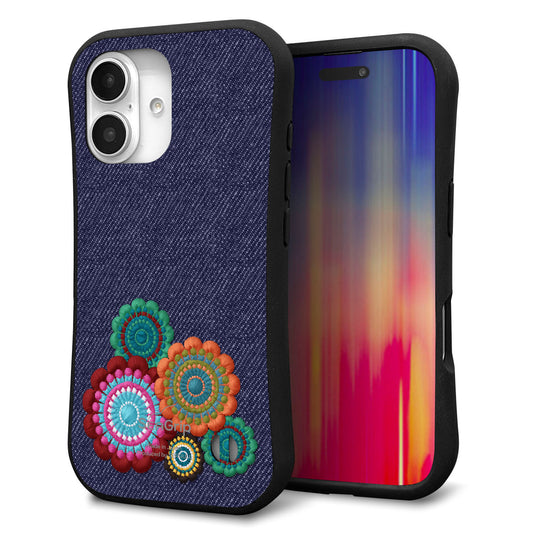 iPhone16 スマホケース 「SEA Grip」 グリップケース Sライン 【KM934 エスニックフラワー デニム】 UV印刷