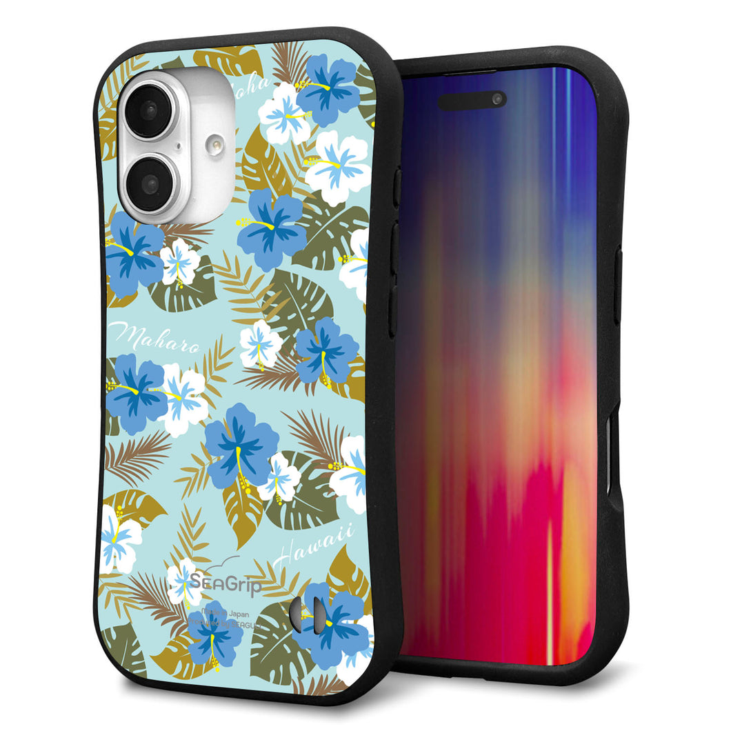 iPhone16 スマホケース 「SEA Grip」 グリップケース Sライン 【SC883 ハワイアンアロハレトロ(ブルー)】 UV印刷