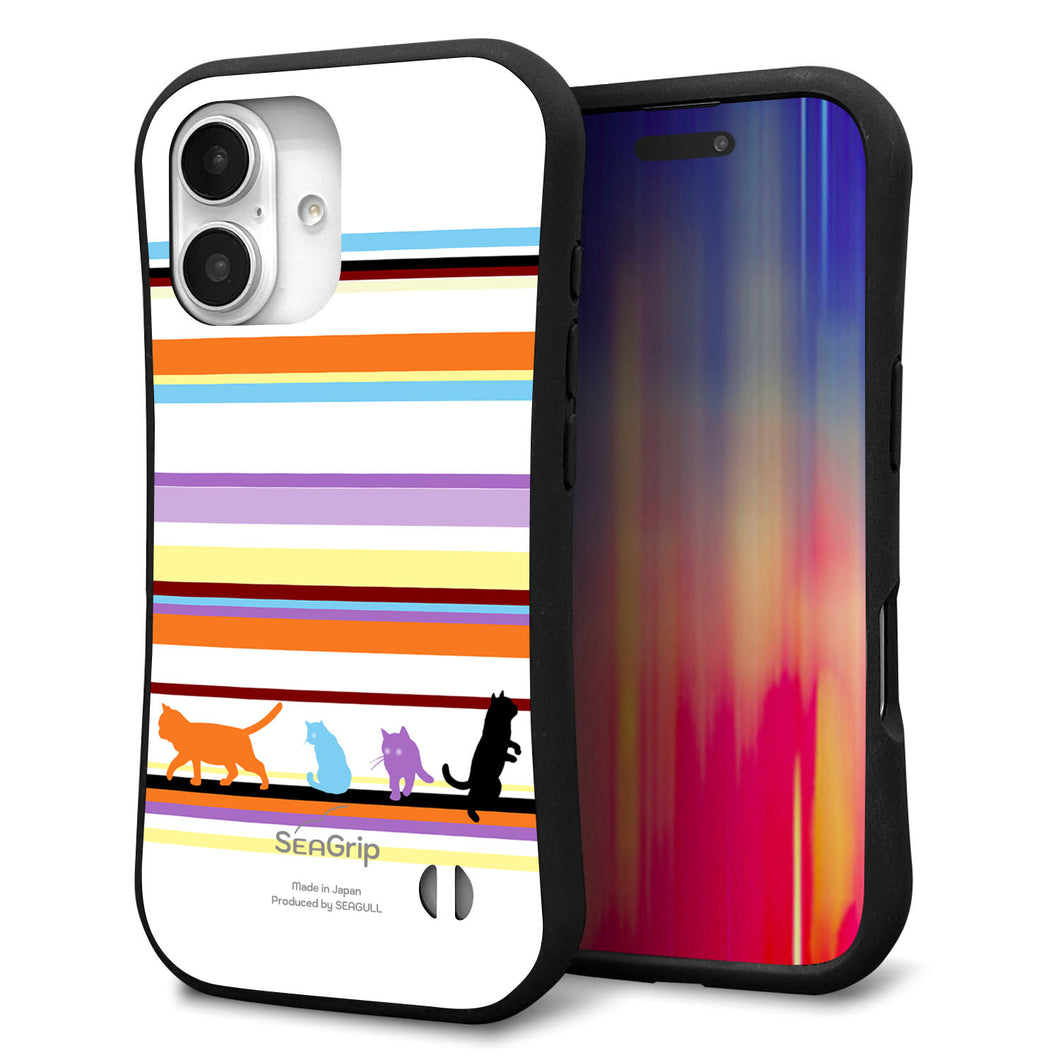 iPhone16 スマホケース 「SEA Grip」 グリップケース Sライン 【YA887 ストライプネコ01】 UV印刷