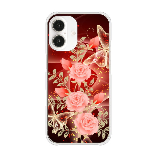 iPhone16 高画質仕上げ 背面印刷 ハードケース 【VA824 魅惑の蝶とピンクのバラ】