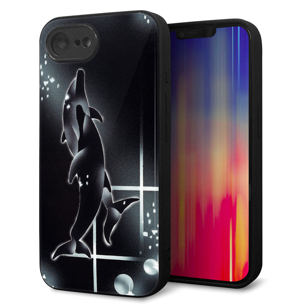 iPhone16e 強化ガラス&TPUスマホケース ガラプリ【158 ブラックドルフィン】