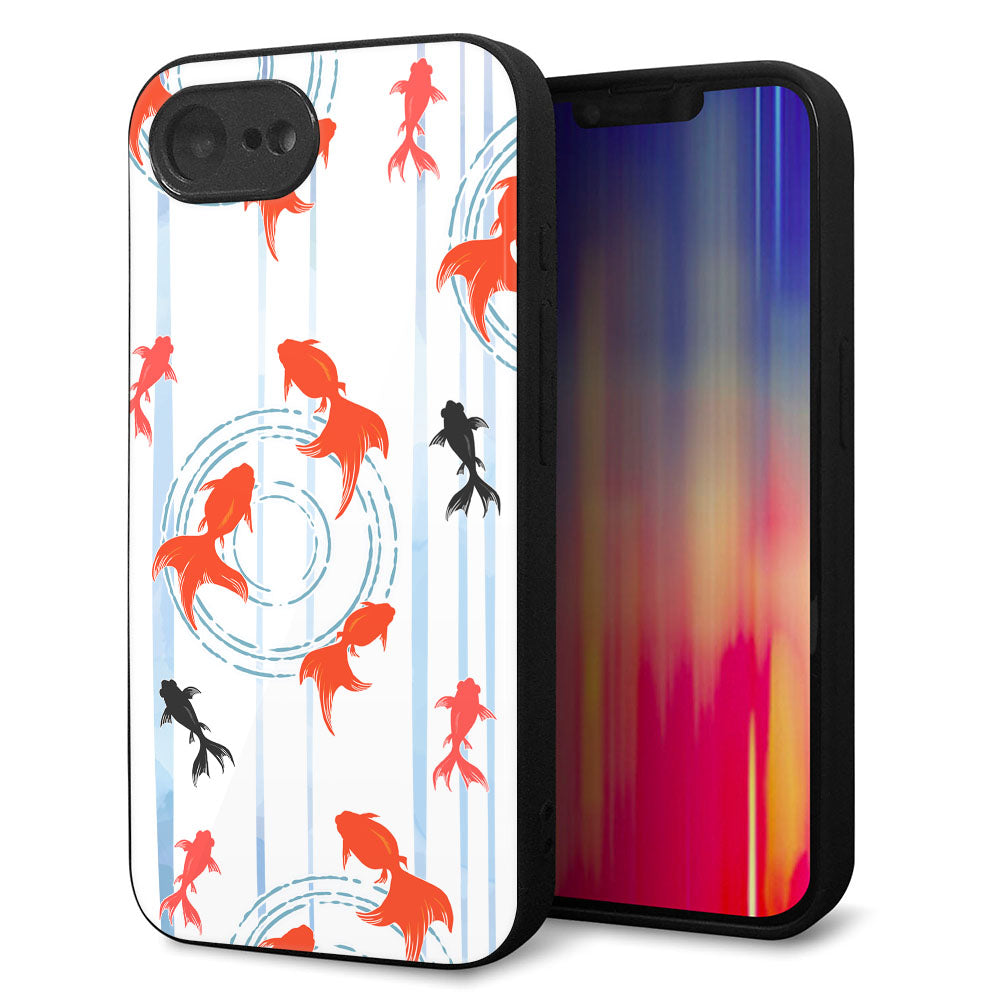 iPhone16e 強化ガラス&TPUスマホケース ガラプリ【HA210 金魚 水彩ストライプ ブルー】