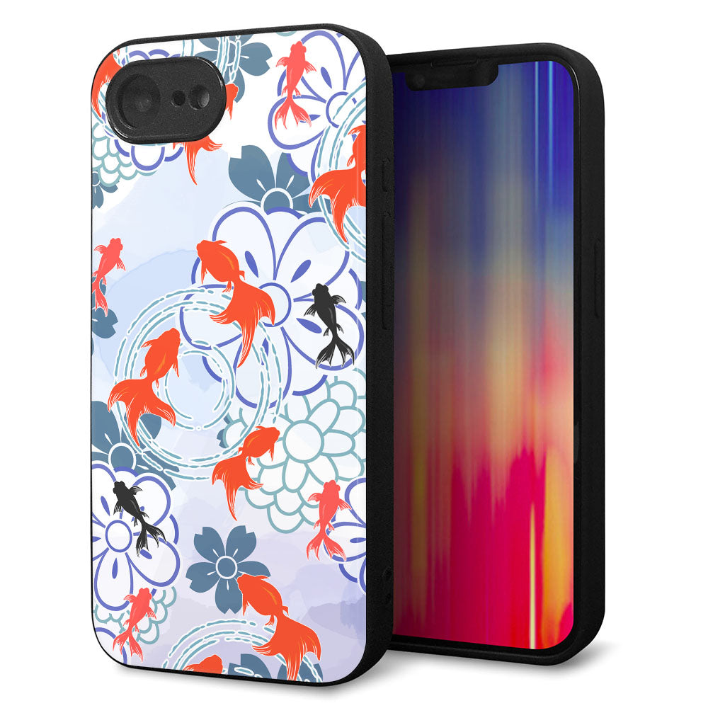 iPhone16e 強化ガラス&TPUスマホケース ガラプリ【HA215 金魚 花柄 ブルー】