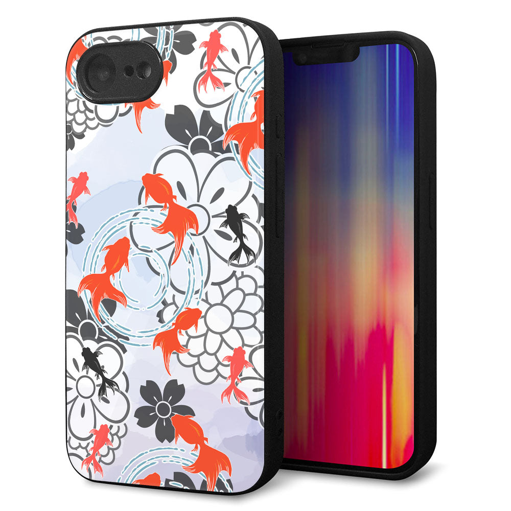 iPhone16e 強化ガラス&TPUスマホケース ガラプリ【HA216 金魚 花柄 グレー】