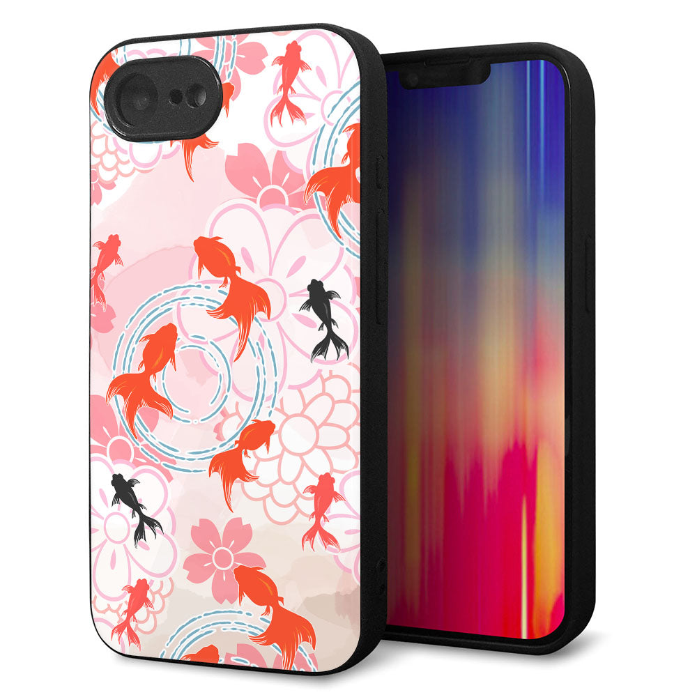 iPhone16e 強化ガラス&TPUスマホケース ガラプリ【HA217 金魚 花柄 ピンク】