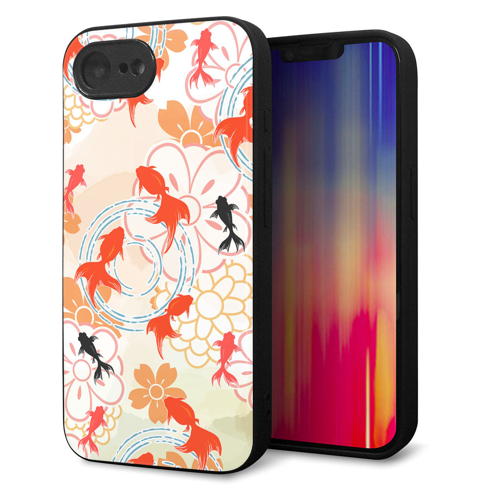iPhone16e 強化ガラス&TPUスマホケース ガラプリ【HA219 金魚 花柄 オレンジ】
