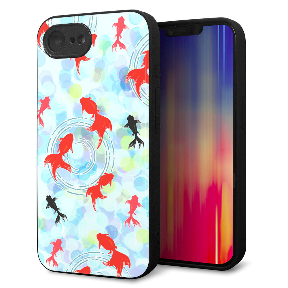 iPhone16e 強化ガラス&TPUスマホケース ガラプリ【HA221 金魚 点々 ブルー】