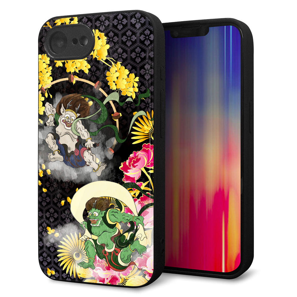 iPhone16e 強化ガラス&TPUスマホケース ガラプリ【HA239 風神雷神 牡丹】