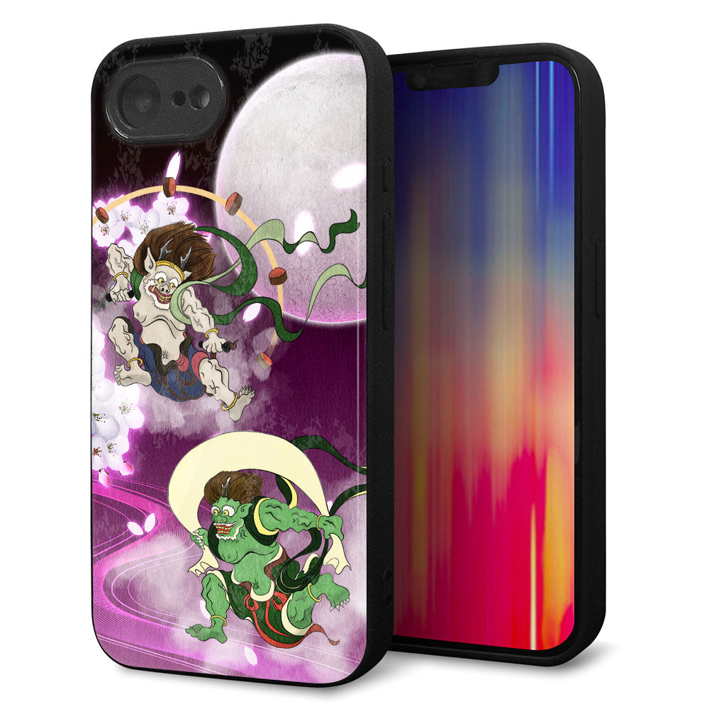 iPhone16e 強化ガラス&TPUスマホケース ガラプリ【HA240 風神雷神 紫の月と桜】