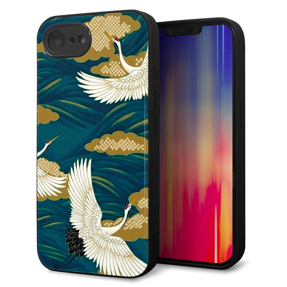 iPhone16e 強化ガラス&TPUスマホケース ガラプリ【MA964 着物柄 鶴鯉 B】