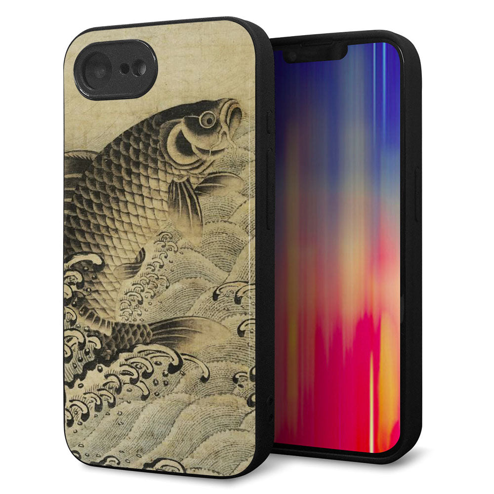 iPhone16e 強化ガラス&TPUスマホケース ガラプリ【MA970 和柄 鶴鯉 B】