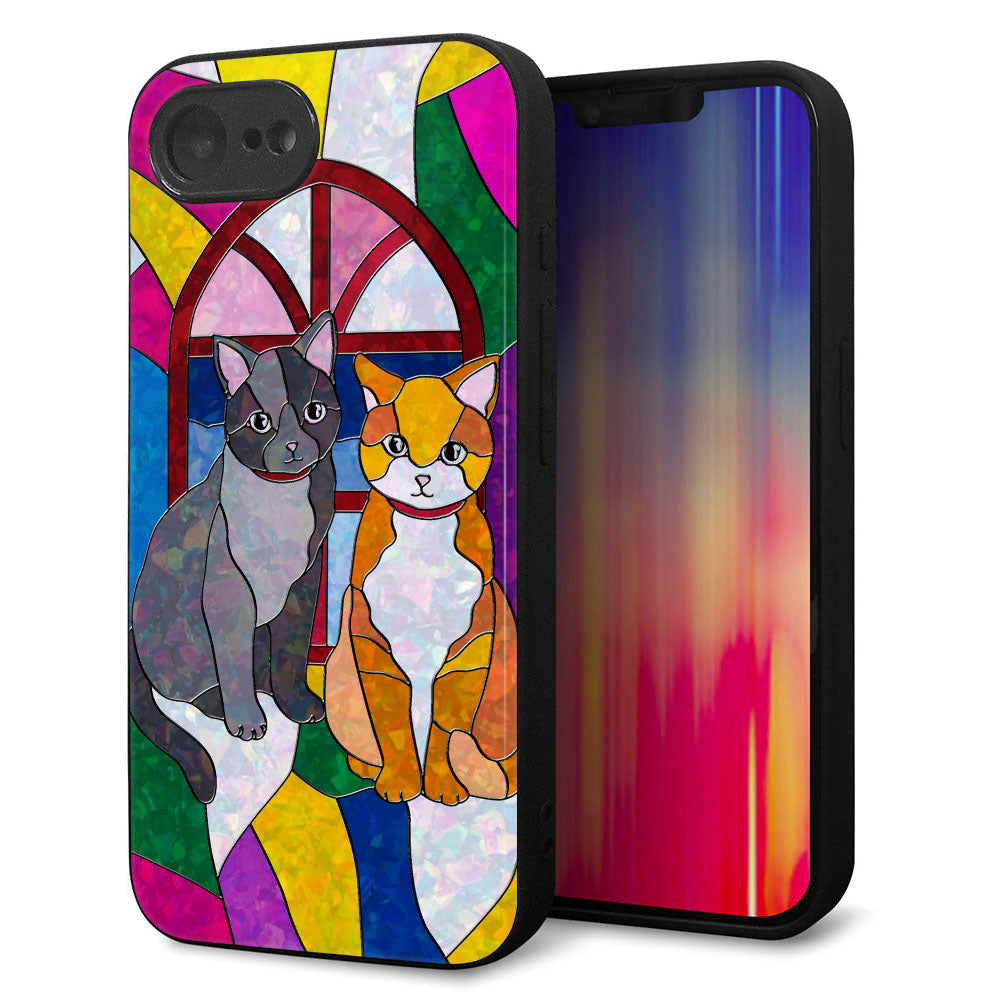 iPhone16e 強化ガラス&TPUスマホケース ガラプリ【MA995 ステンドグラス ネコ】