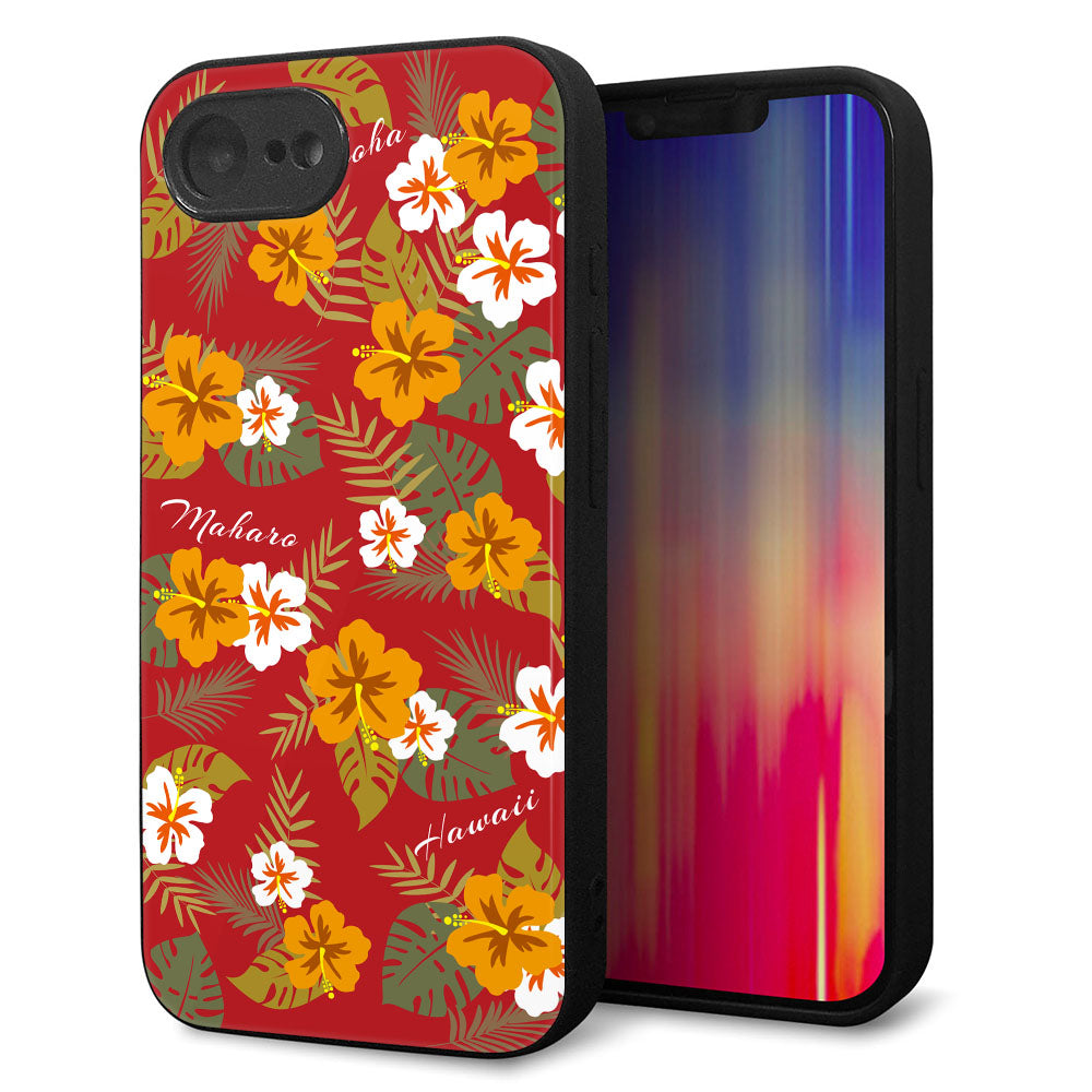 iPhone16e 強化ガラス&TPUスマホケース ガラプリ【SC885 ハワイアンアロハレトロ(レッド)】