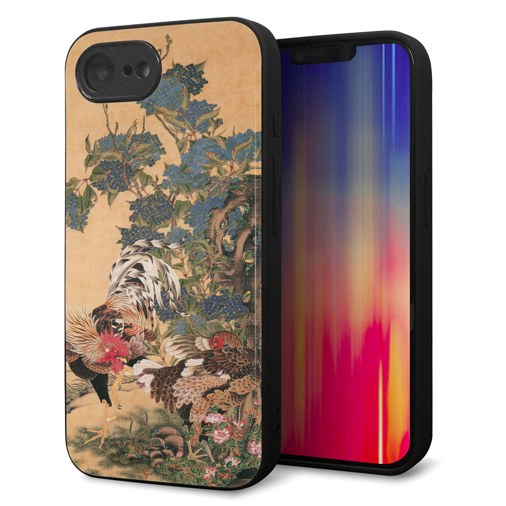 iPhone16e 強化ガラス&TPUスマホケース ガラプリ【TA006 紫陽花双鶏】