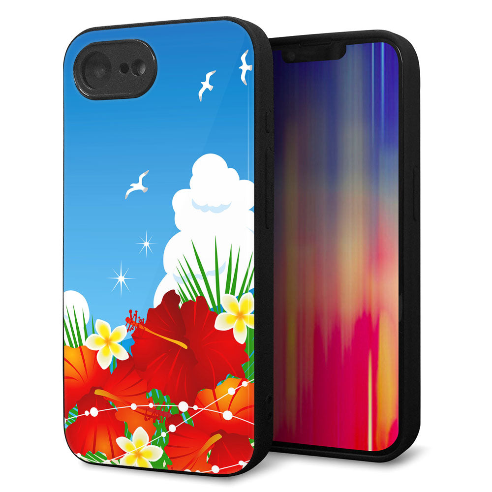 iPhone16e 強化ガラス&TPUスマホケース ガラプリ【VA821 ハイビスカスと青空】
