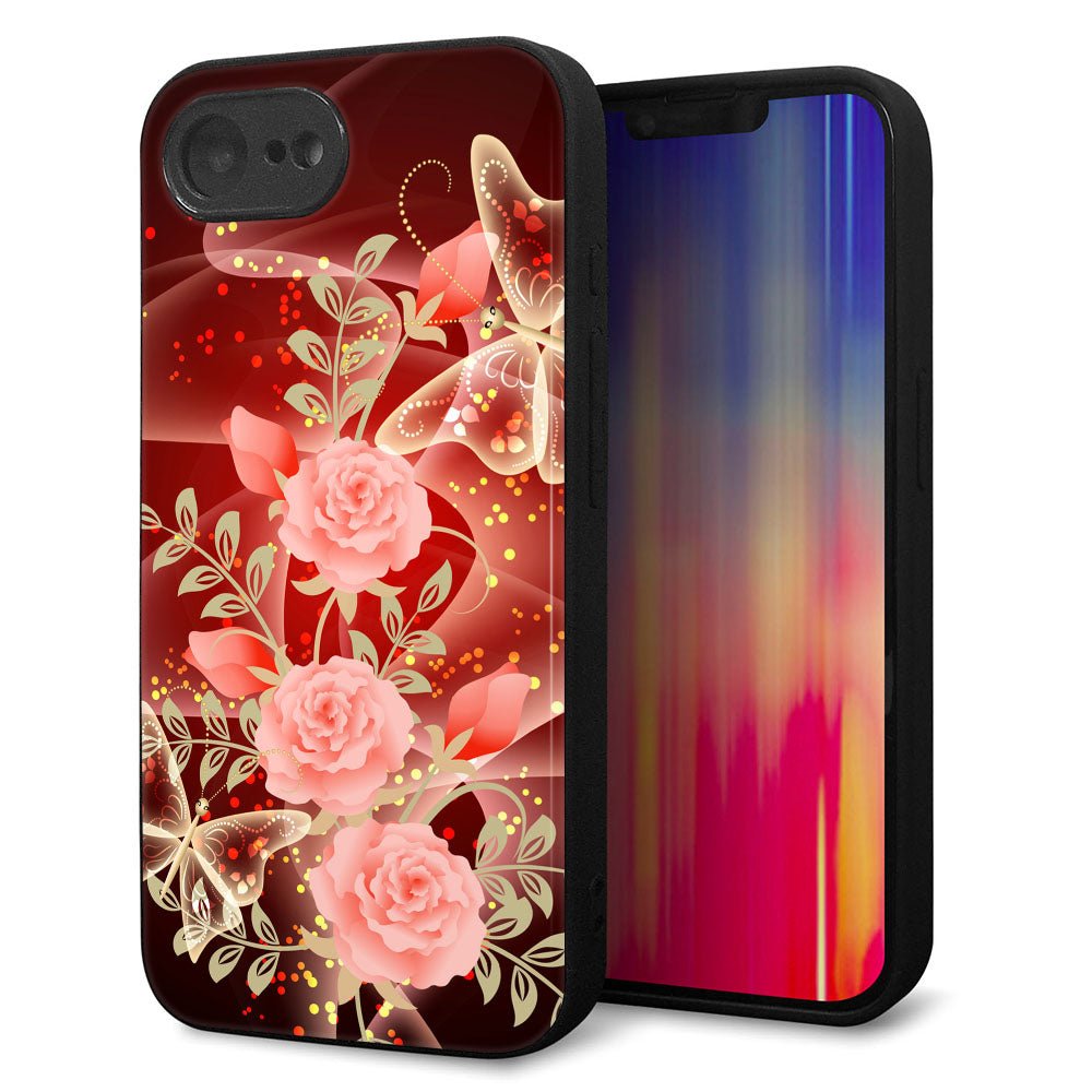 iPhone16e 強化ガラス&TPUスマホケース ガラプリ【VA824 魅惑の蝶とピンクのバラ】