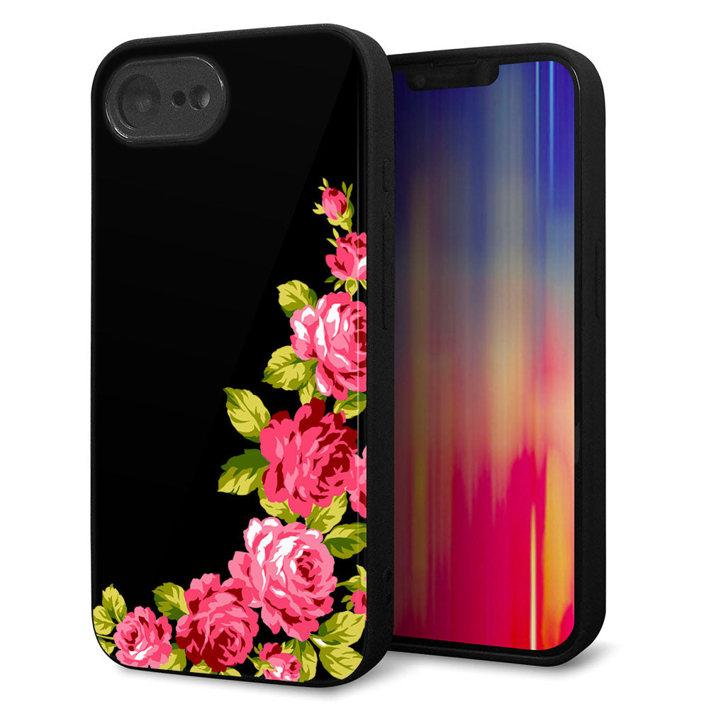 iPhone16e 強化ガラス&TPUスマホケース ガラプリ【VA826 バラのフレーム(黒)】