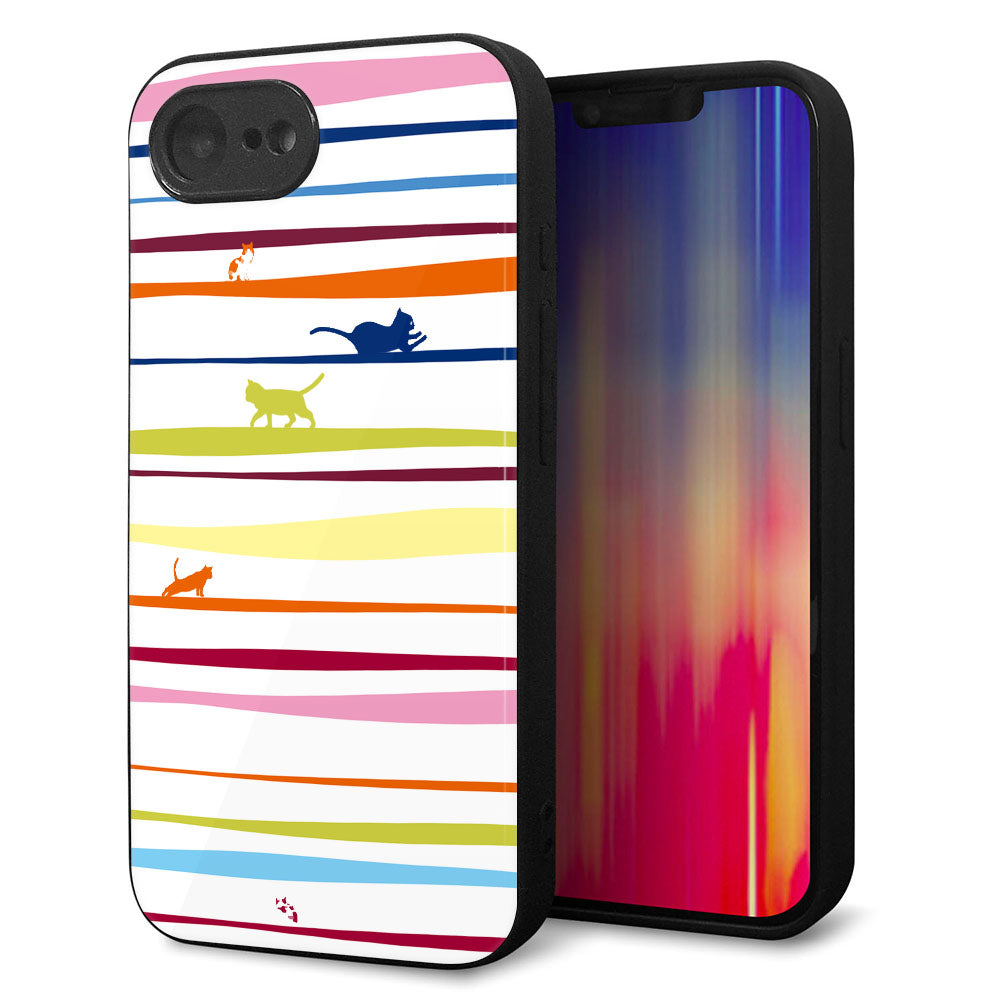 iPhone16e 強化ガラス&TPUスマホケース ガラプリ【YA893 ストライプネコ02 L】