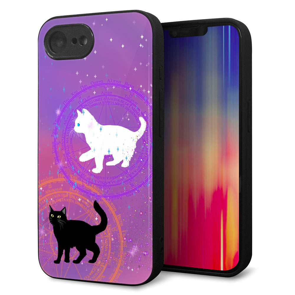 iPhone16e 強化ガラス&TPUスマホケース ガラプリ【YJ328 魔法陣猫 キラキラ かわいい ピンク】