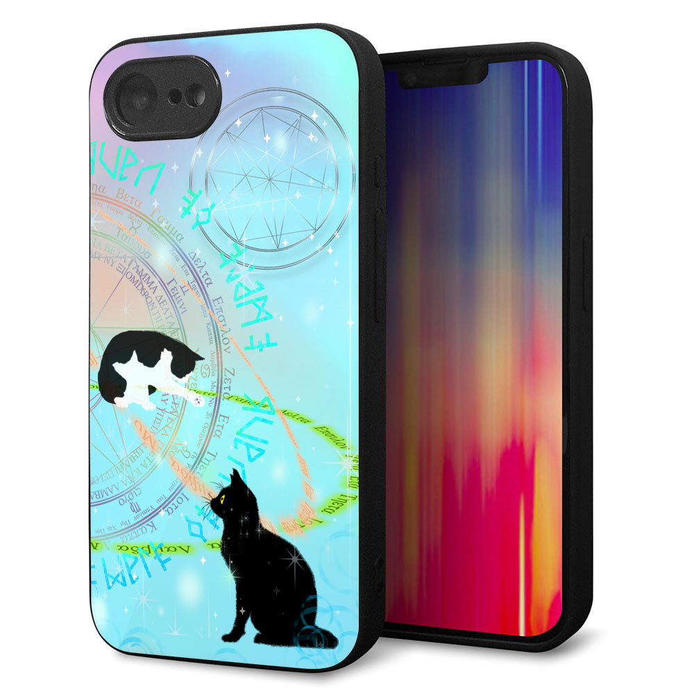iPhone16e 強化ガラス&TPUスマホケース ガラプリ【YJ329 魔法陣猫 キラキラ パステル】