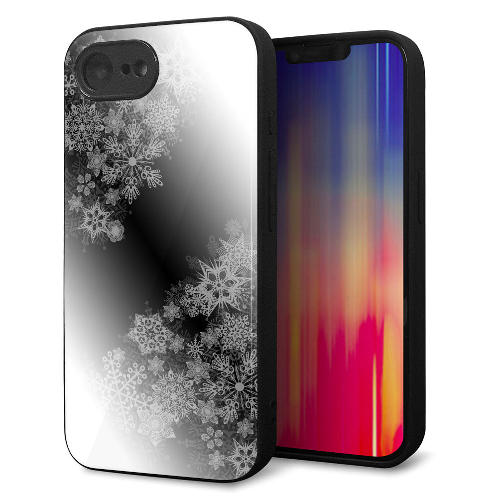 iPhone16e 強化ガラス&TPUスマホケース ガラプリ【YJ340 モノトーン 雪の結晶 】