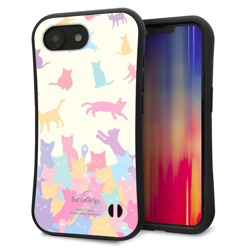 iPhone16e スマホケース 「SEA Grip」 グリップケース Sライン 【AG885 ネコ積もり マルチカラー】 UV印刷