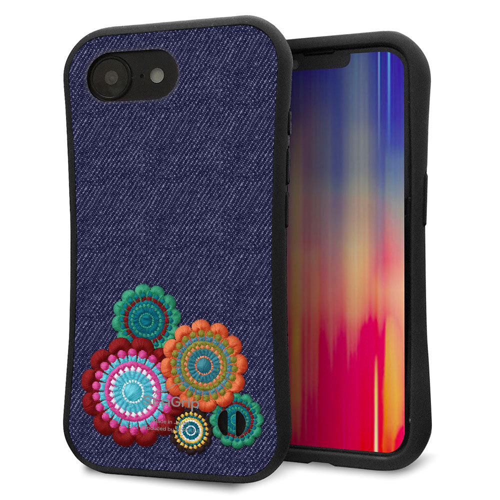iPhone16e スマホケース 「SEA Grip」 グリップケース Sライン 【KM934 エスニックフラワー デニム】 UV印刷