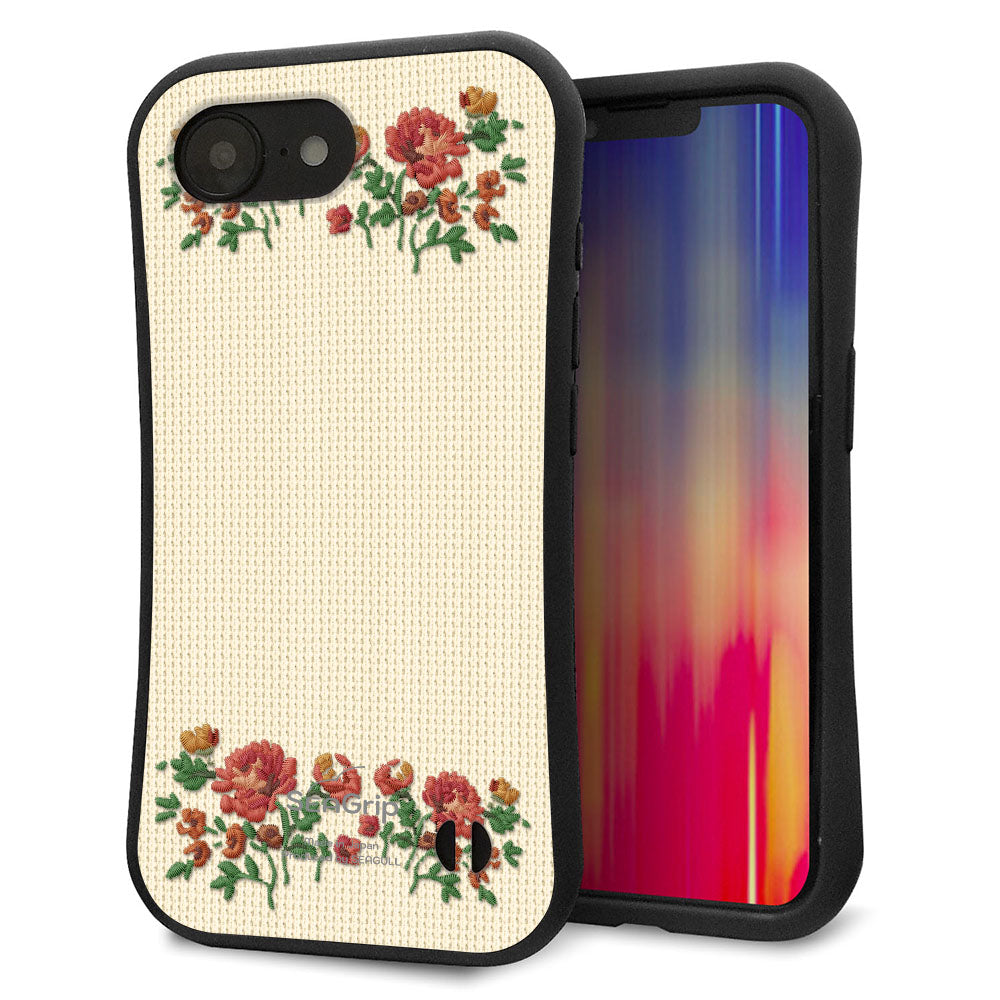 iPhone16e スマホケース 「SEA Grip」 グリップケース Sライン 【KM941 花刺繍風 レッドフラワー オフホワイト 】 UV印刷