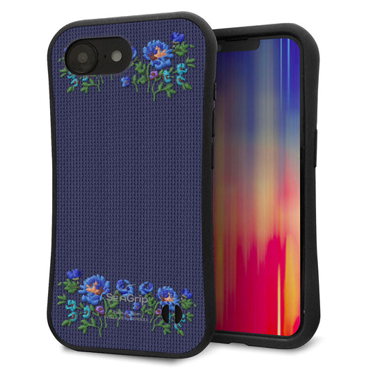 iPhone16e スマホケース 「SEA Grip」 グリップケース Sライン 【KM944 花刺繍風 ブルーフラワー オフホワイト 】 UV印刷