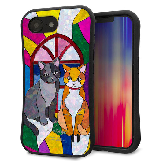 iPhone16e スマホケース 「SEA Grip」 グリップケース Sライン 【MA995 ステンドグラス ネコ】 UV印刷