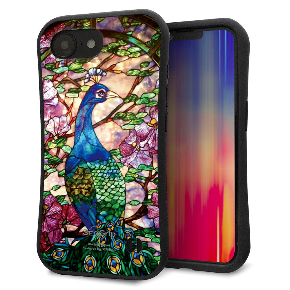 iPhone16e スマホケース 「SEA Grip」 グリップケース Sライン 【MA996 ステンドグラス クジャク】 UV印刷