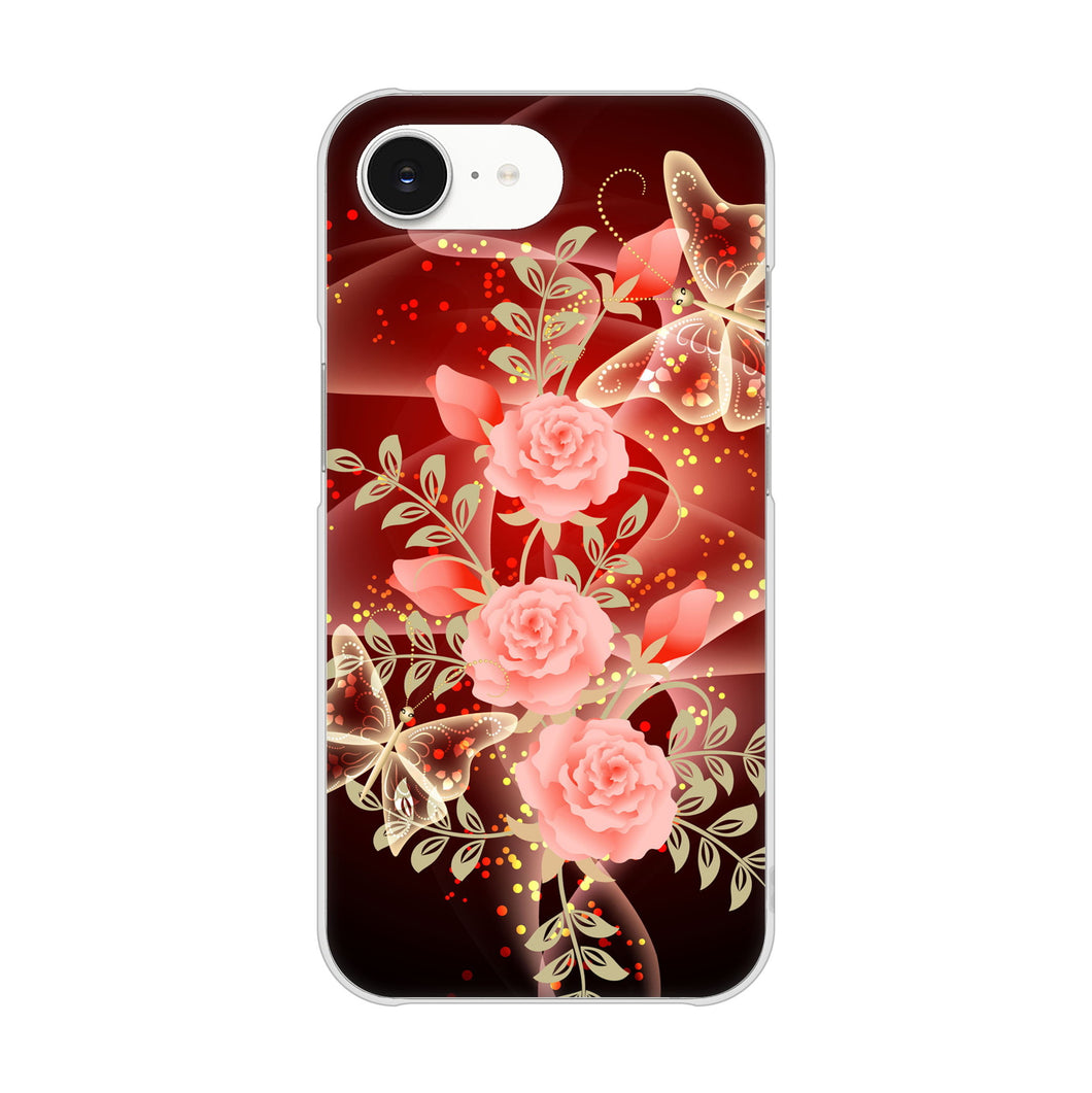 iPhone16e 高画質仕上げ 背面印刷 ハードケース 【VA824 魅惑の蝶とピンクのバラ】