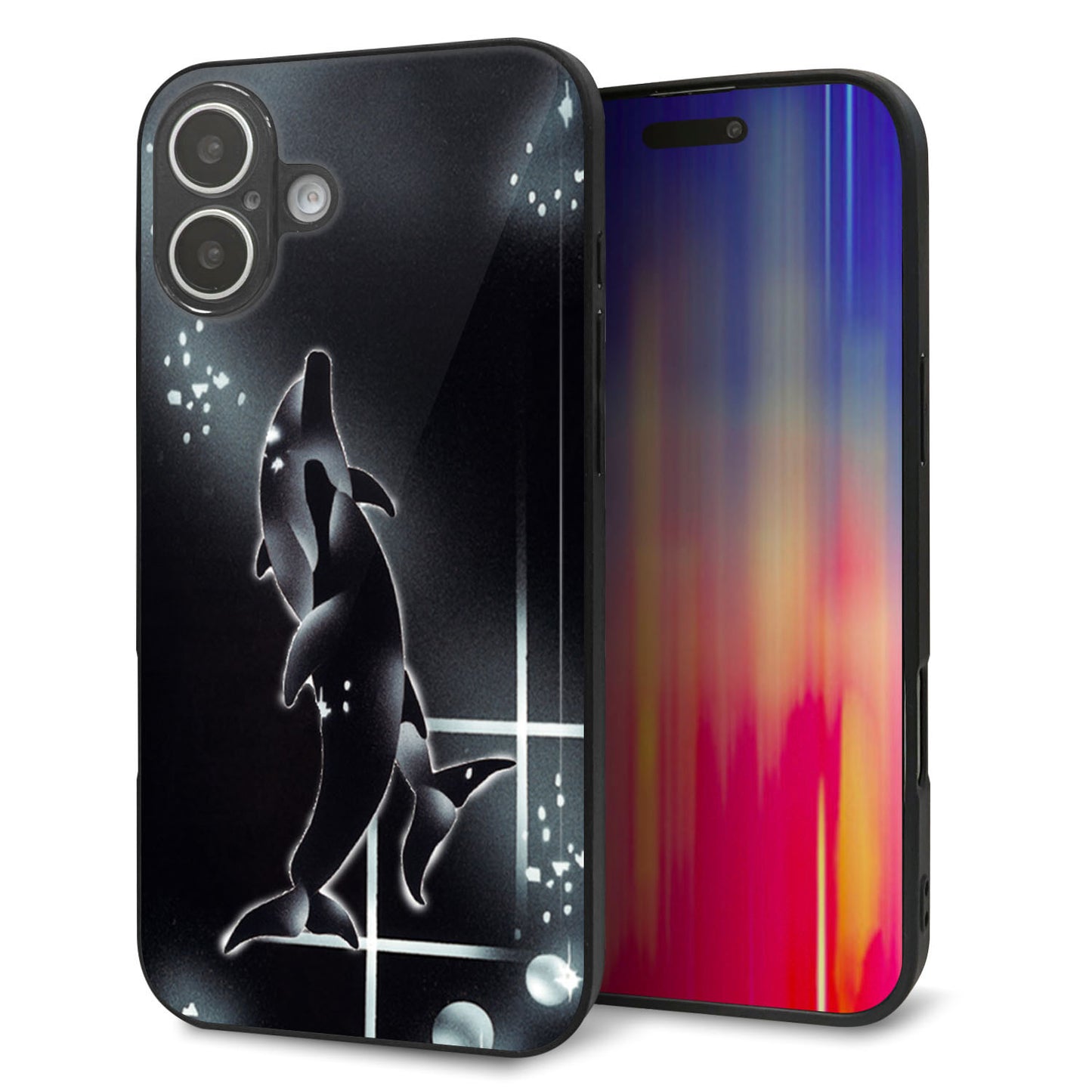 iPhone16 Plus 強化ガラス&TPUスマホケース ガラプリ【158 ブラックドルフィン】
