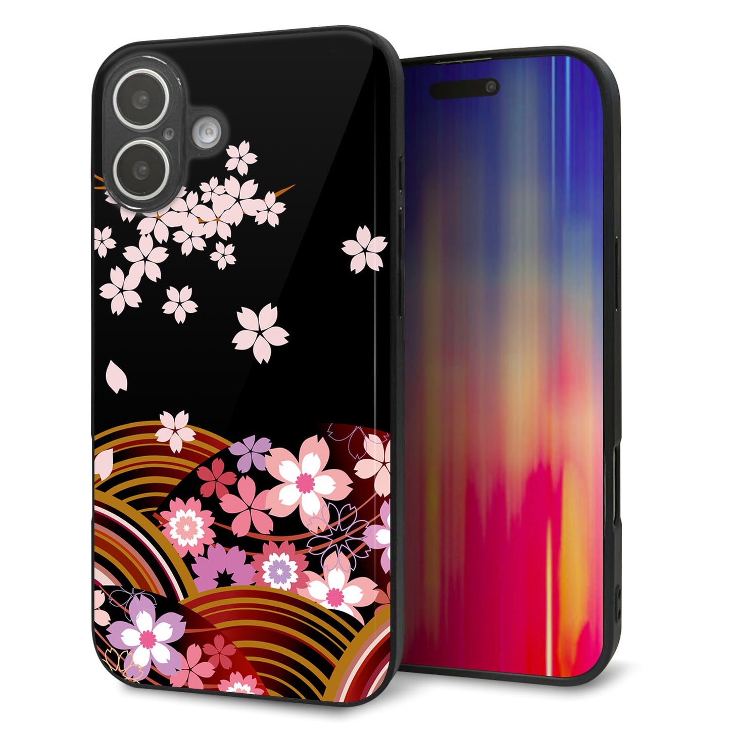 iPhone16 Plus 強化ガラス&TPUスマホケース ガラプリ【1237 和柄&筆文字・夜桜の宴】