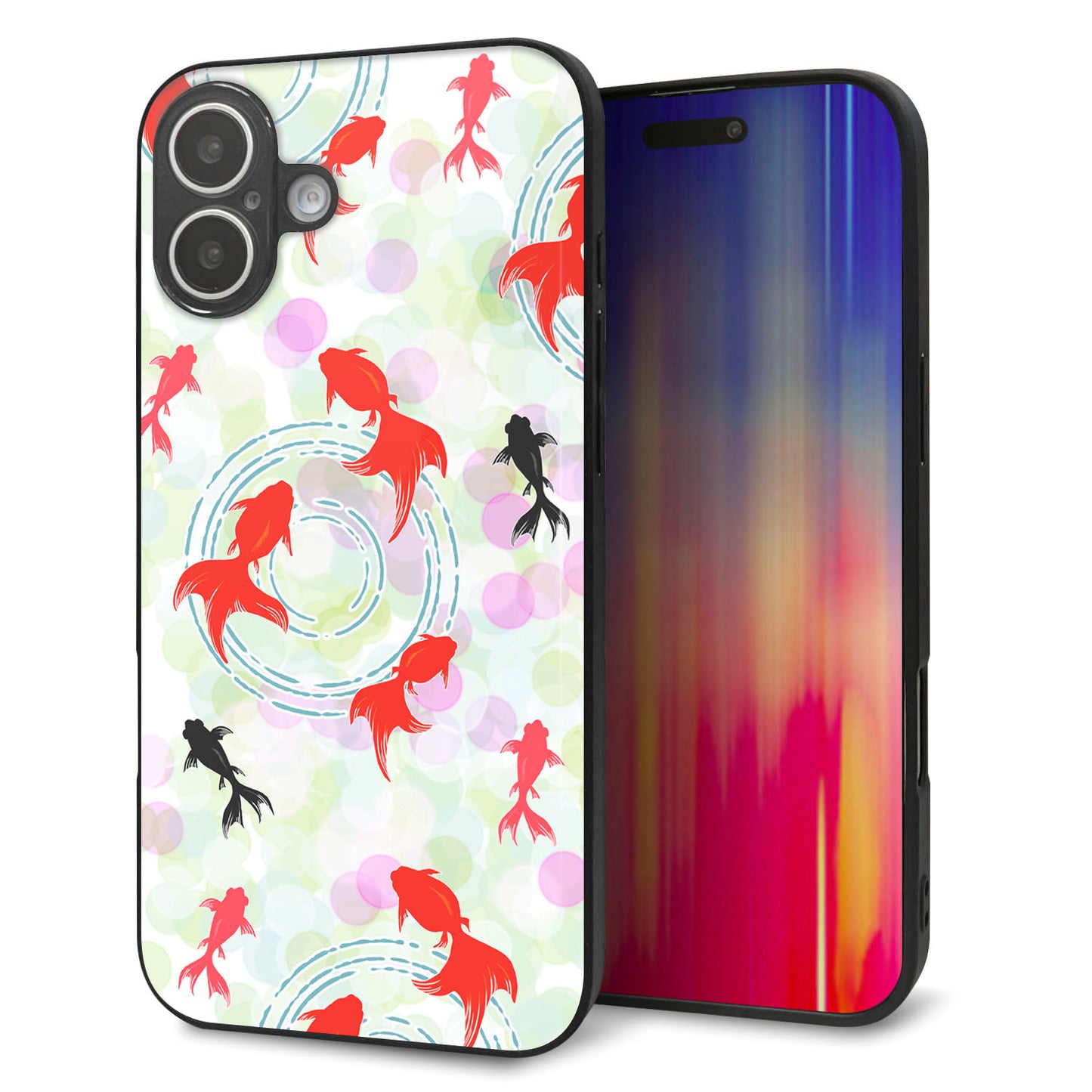iPhone16 Plus 強化ガラス&TPUスマホケース ガラプリ【HA224 金魚 点々 ホワイト】
