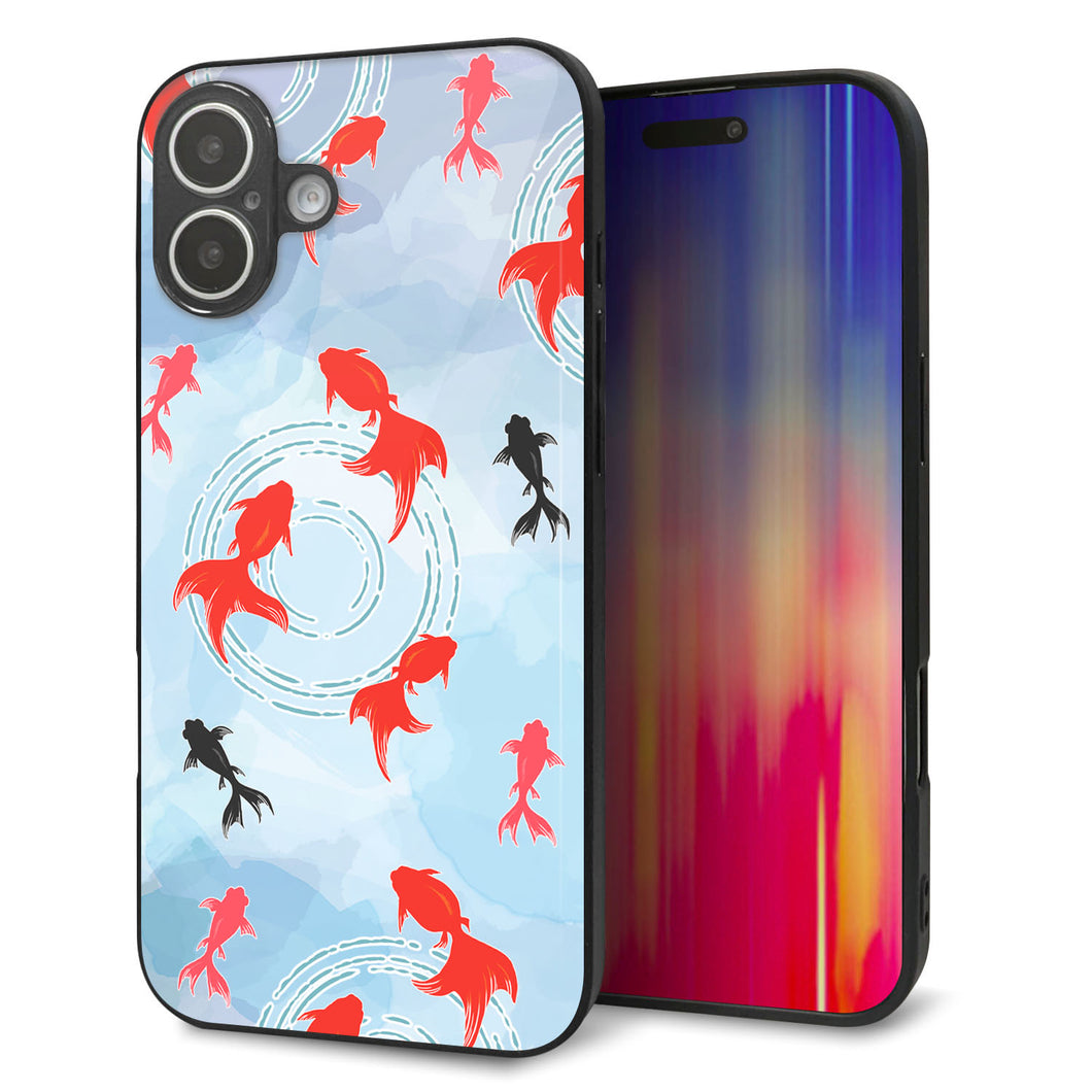 iPhone16 Plus 強化ガラス&TPUスマホケース ガラプリ【HA226 金魚 水彩 ブルー】